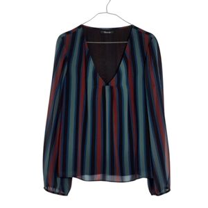Madewell Sheer-Sleeve Top in Academy Stripe (Black/Burgundy/Green/Black) size XL